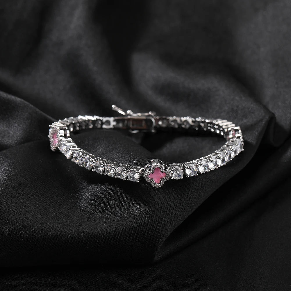 4mm Pink Clover Leaf Tennis Bracelet (Silver)