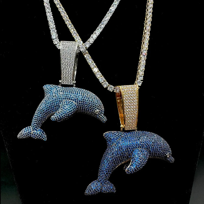 Iced Out Blue Dolphin Pendant