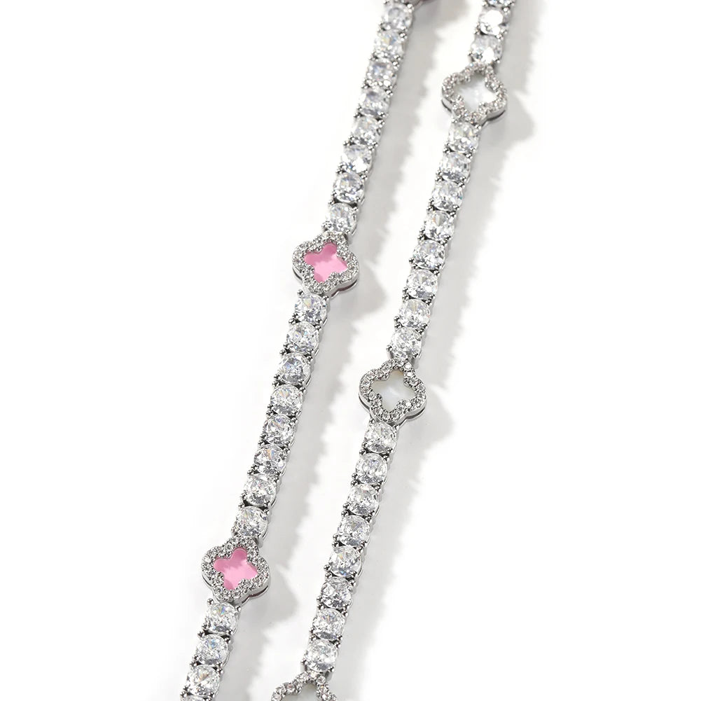 4mm Pink Clover Leaf Tennis Bracelet (Silver)