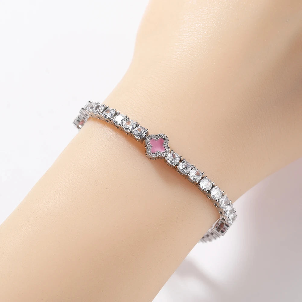 4mm Pink Clover Leaf Tennis Bracelet (Silver)