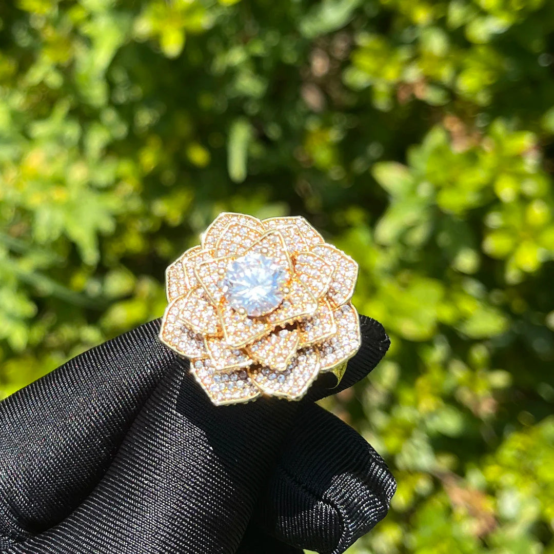 Iced Out 24K Gold Rose Flower Ring