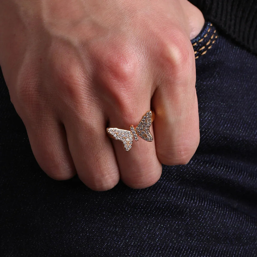 Iced Out Gold Butterfly Ring