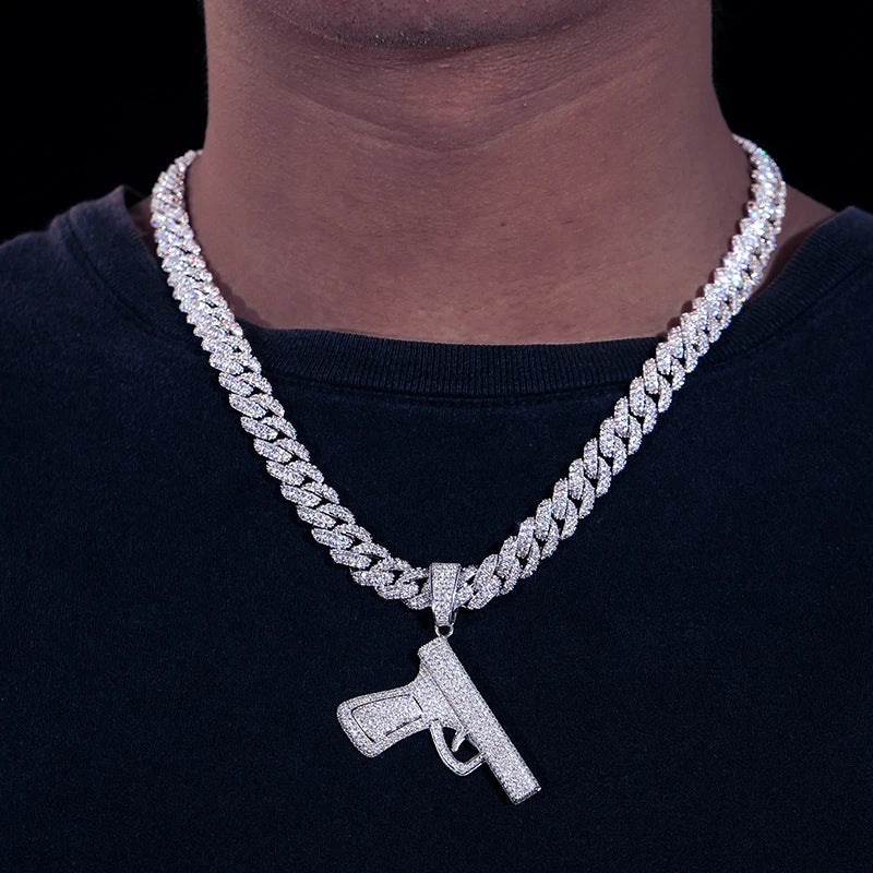 Iced Out Moissanite Pistol Pendant Necklace