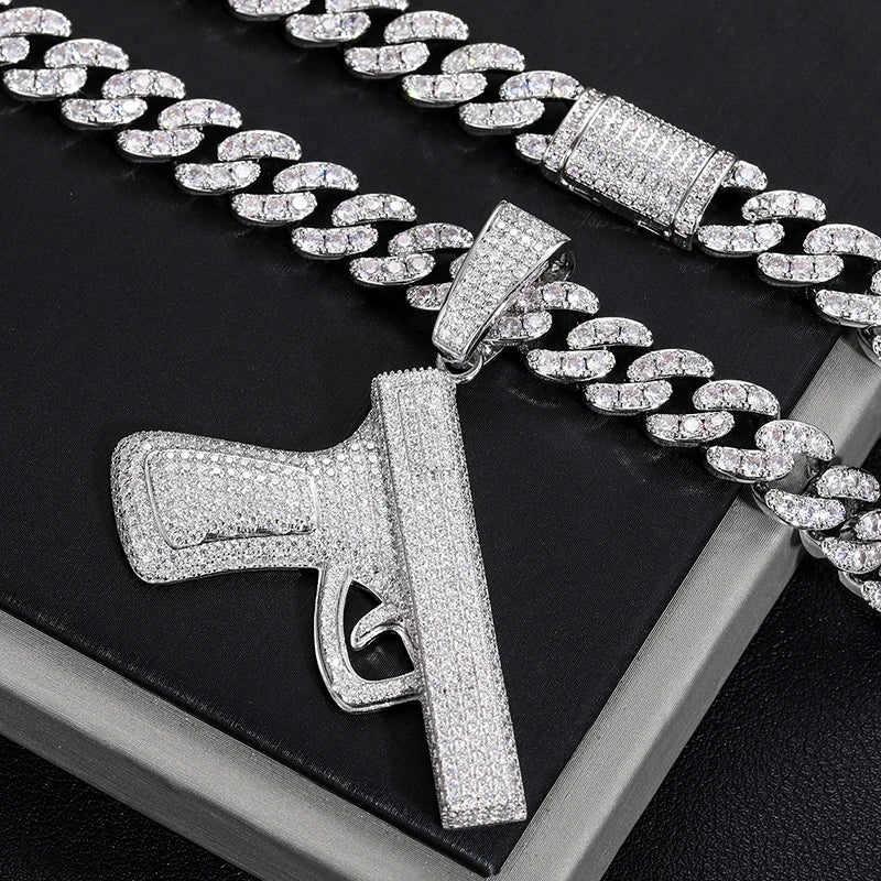 Iced Out Moissanite Pistol Pendant Necklace