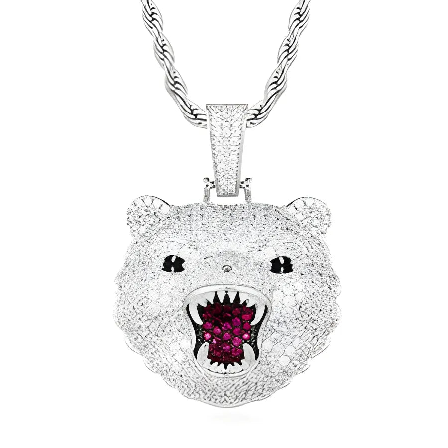 Iced Out Roaring Bear Pendant - Only Pendant|No Chain / Silver