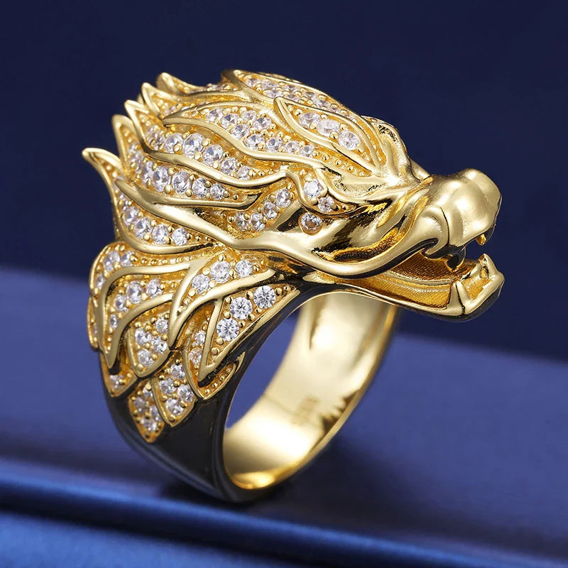 Majestic Iced Dragon Head Moissanite Ring - Yellow Gold / Brass / 7