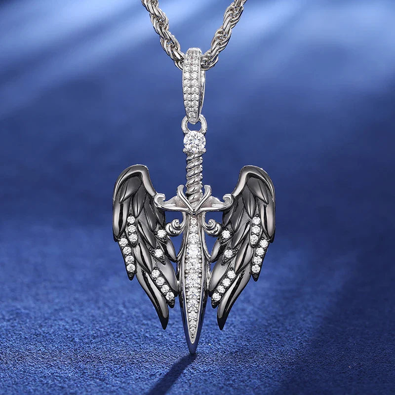 Moissanite Angel Wings Sword Pendant in Black Plated Silver